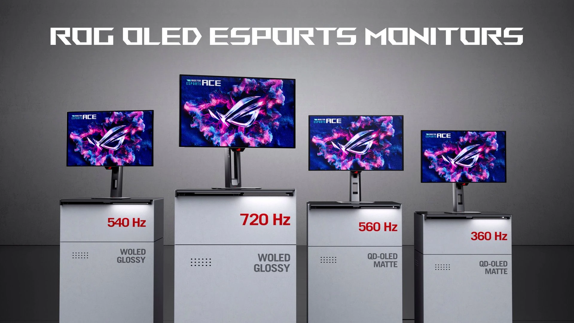 Arte oficial de ASUS ROG con cuatro monitores OLED Esports Ace en pedestales y sus opciones de 540, 720, 560 y 360 Hz.