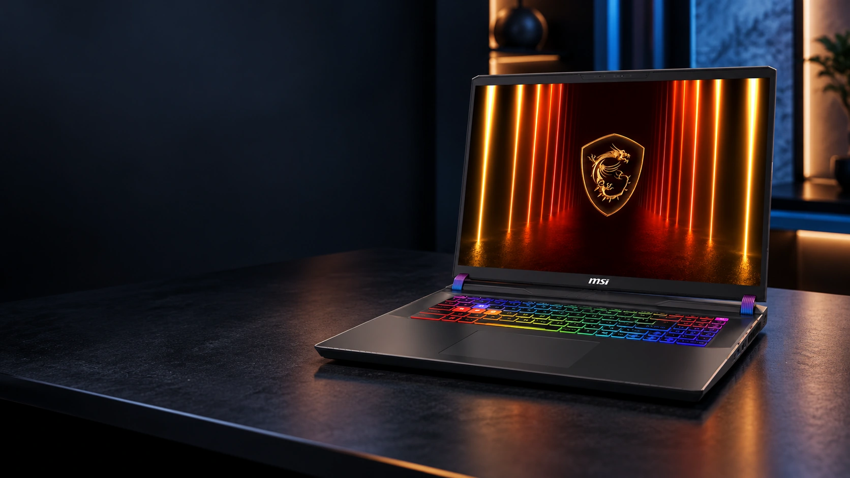 Laptop MSI Vector 17 HX AI abierta, con teclado RGB sobre un escritorio.