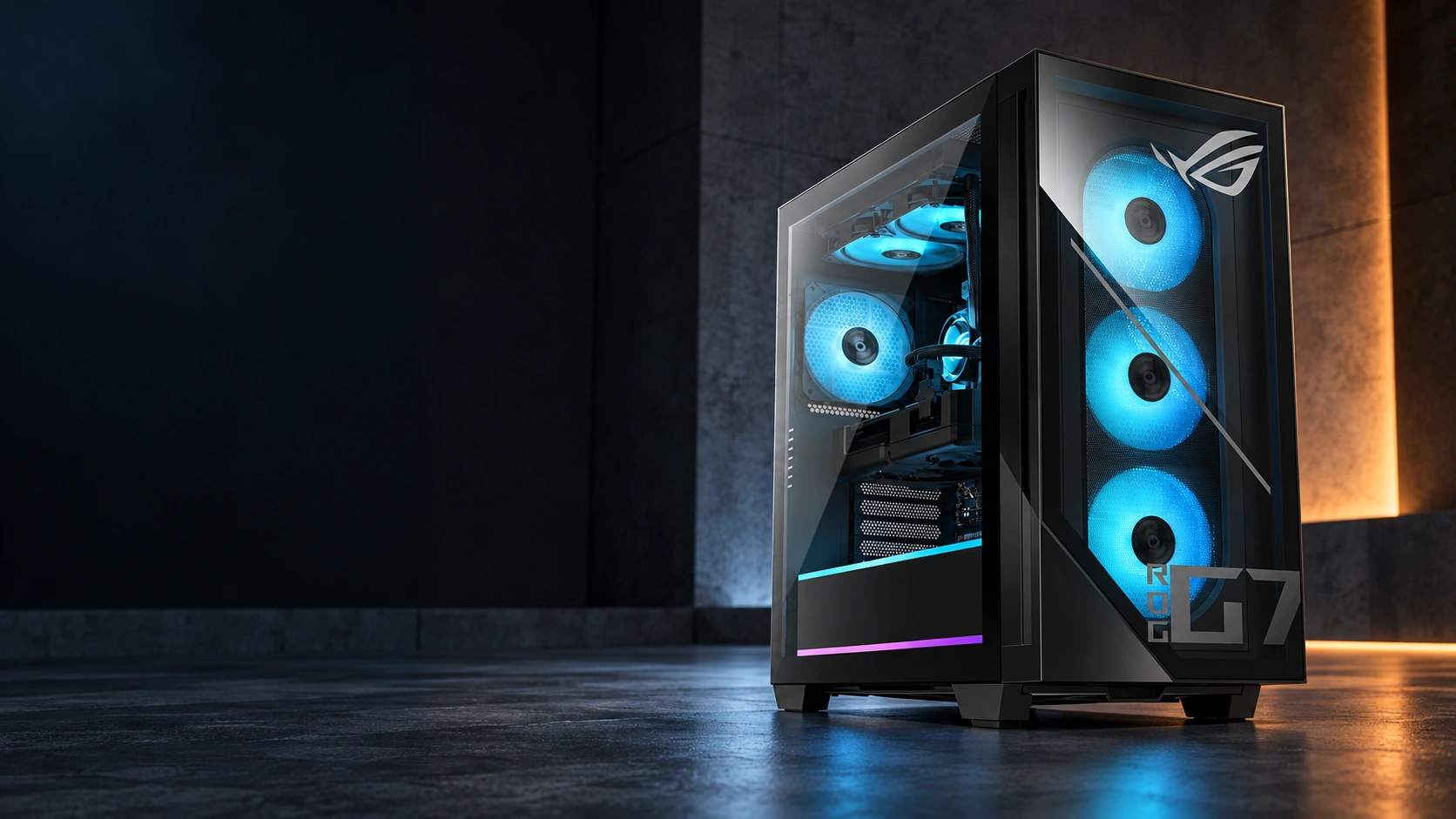 ASUS ROG G700 con tres ventiladores frontales azules, en una escena de estudio.