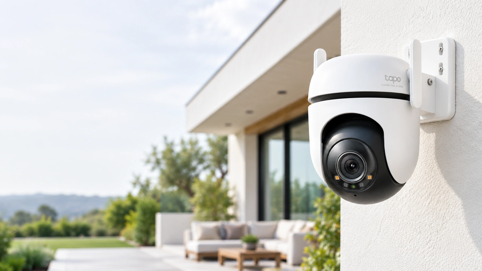 Cámara blanca TP-Link Tapo C520WS montada en una pared exterior de una casa.