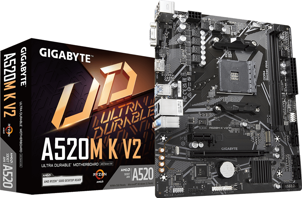 Placa GIGABYTE A520M K V2 revisión 1.0 junto a su caja