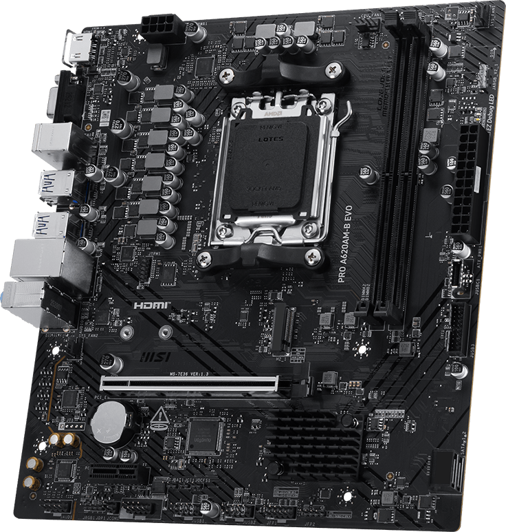 MSI PRO A620AM-B EVO negra con socket AM5 y dos ranuras DDR5