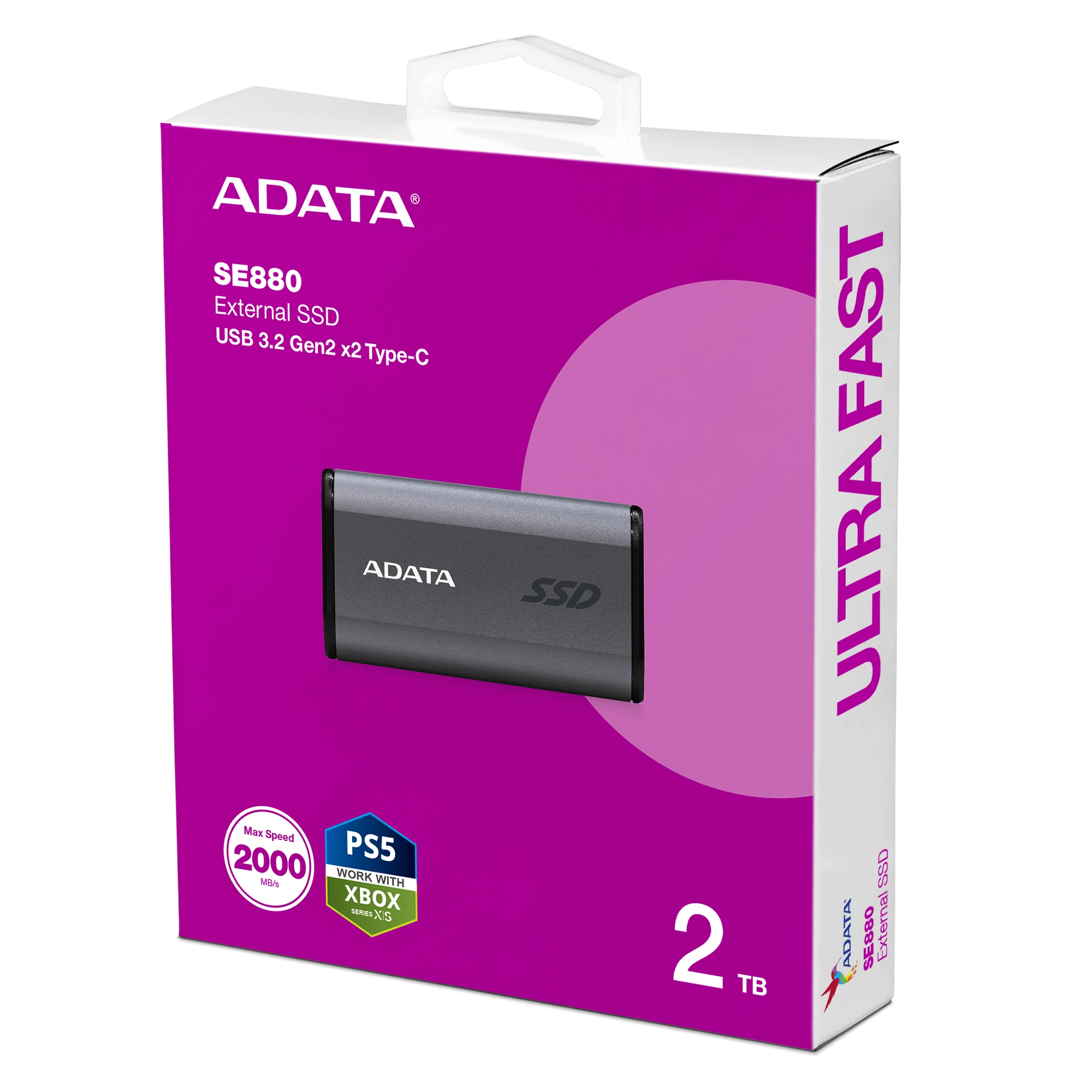 Caja original ADATA SE880 gris titanio con capacidad de 2 TB visible.