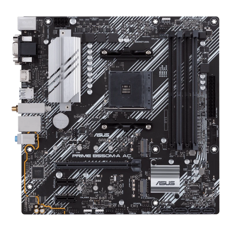 Vista superior de ASUS PRIME B550M-A AC con el modelo impreso en la placa