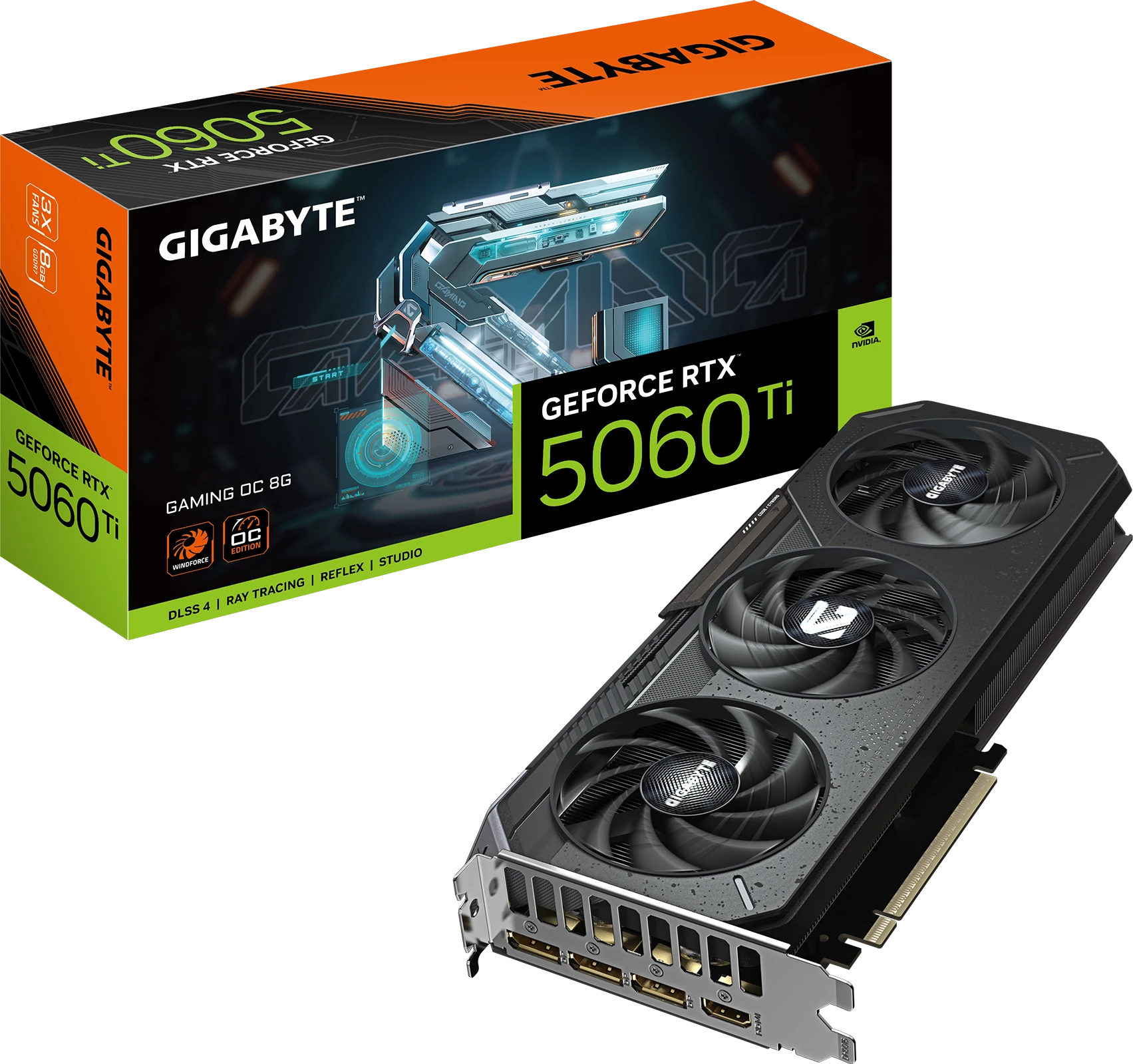 GIGABYTE GeForce RTX 5060 Ti GAMING OC 8 GB, tarjeta y caja en imagen original del fabricante.