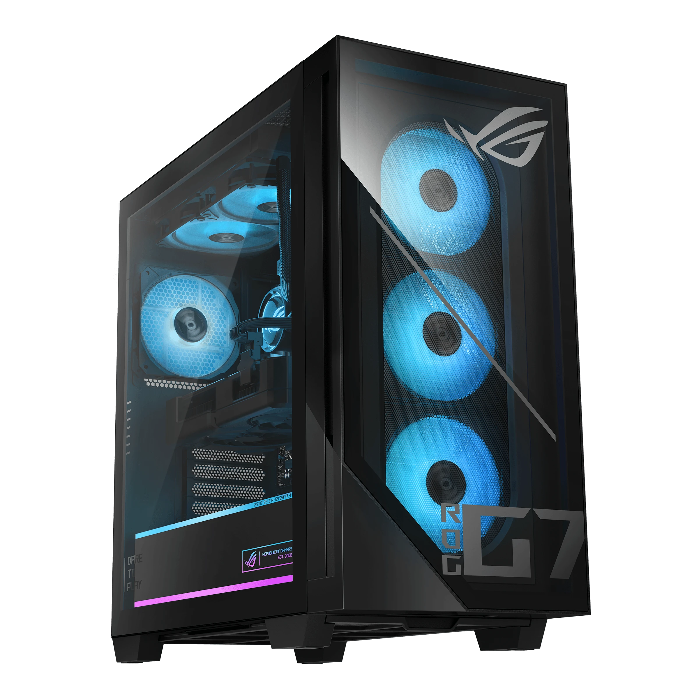 ASUS ROG G700 negro, vista oficial de la serie con cristal lateral e iluminación azul.