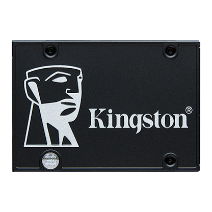 SSD negro Kingston KC600 de 512 GB, vista superior de la carcasa.