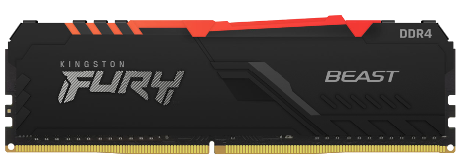 Vista de un módulo Kingston FURY Beast RGB DDR4 negro, extraída de su ficha oficial. Imagen de familia; el kit KF432C16BBAK2/16 contiene dos módulos.